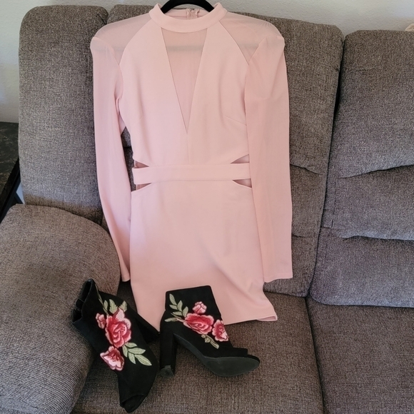 PRIVY Pink High Neck Mesh Cutout V-neck With Long Mesh Sleeves Mini Dress Size S - Picture 9 of 13